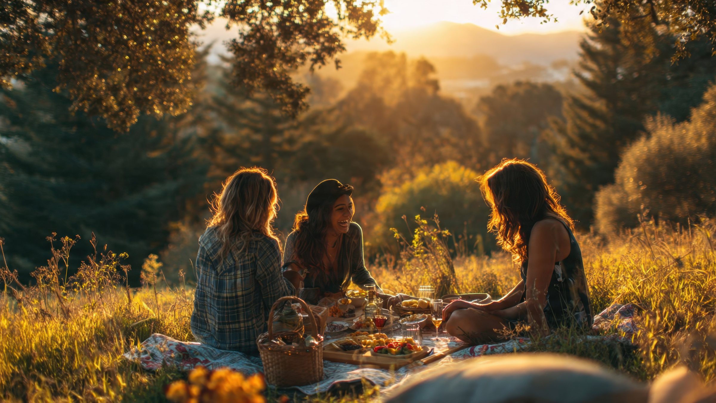 Three women laughing together at a golden-hour picnic outdoors